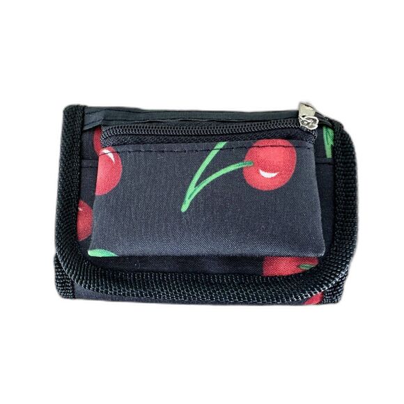 NWOT Y2k Black Cherry Nylon Trifold Wallet Card Holder with Bill Compartments - Picture 1 of 6